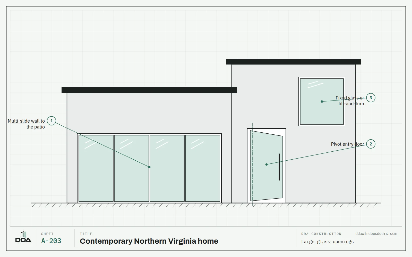 Elevation of a contemporary Northern Virginia home with a multi-slide glass wall, pivot entry door and large fixed windows
