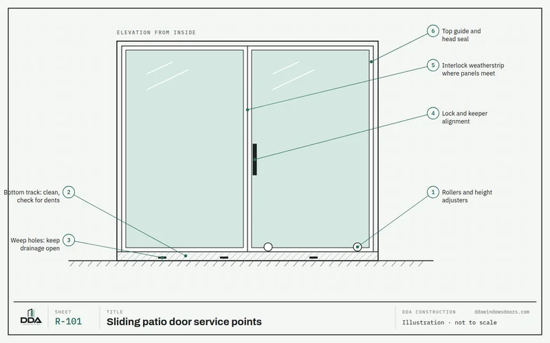 Sliding patio door elevation with numbered service points: rollers, bottom track, weep holes, lock and keeper, interlock weatherstrip and top guide